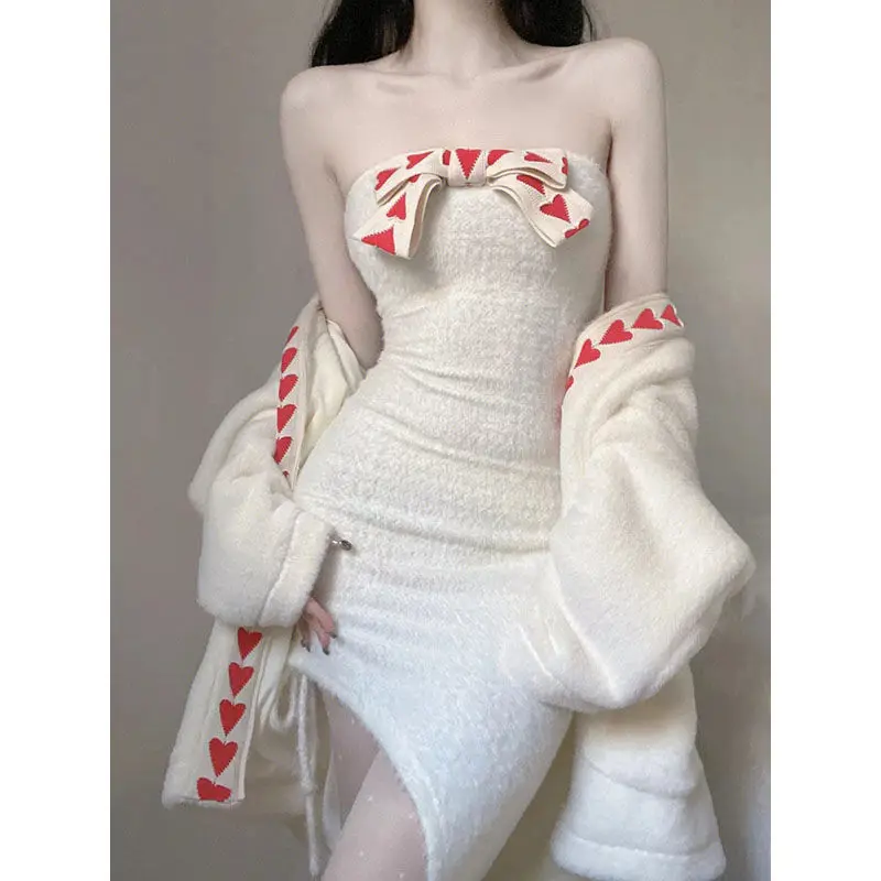 Korea Backless Maid Dress Mature Charm Elegant Gentle Solid New Sexy Lace Bow Buttocks Wrapped Dress Cardigan Two Piece Set