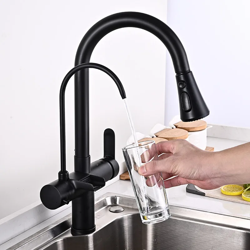

Black Filtered Kitchen Faucet Pull Out Waterfall Kitchen Mixer Sink Taps Purification Water Drinking Water Taps