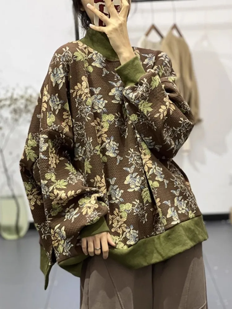 

Women Casual Pullovers New Arrival 2023 Autumn Vintage Style Turtleneck Floral Print Loose Female Thick Warm Sweatshirts B3180