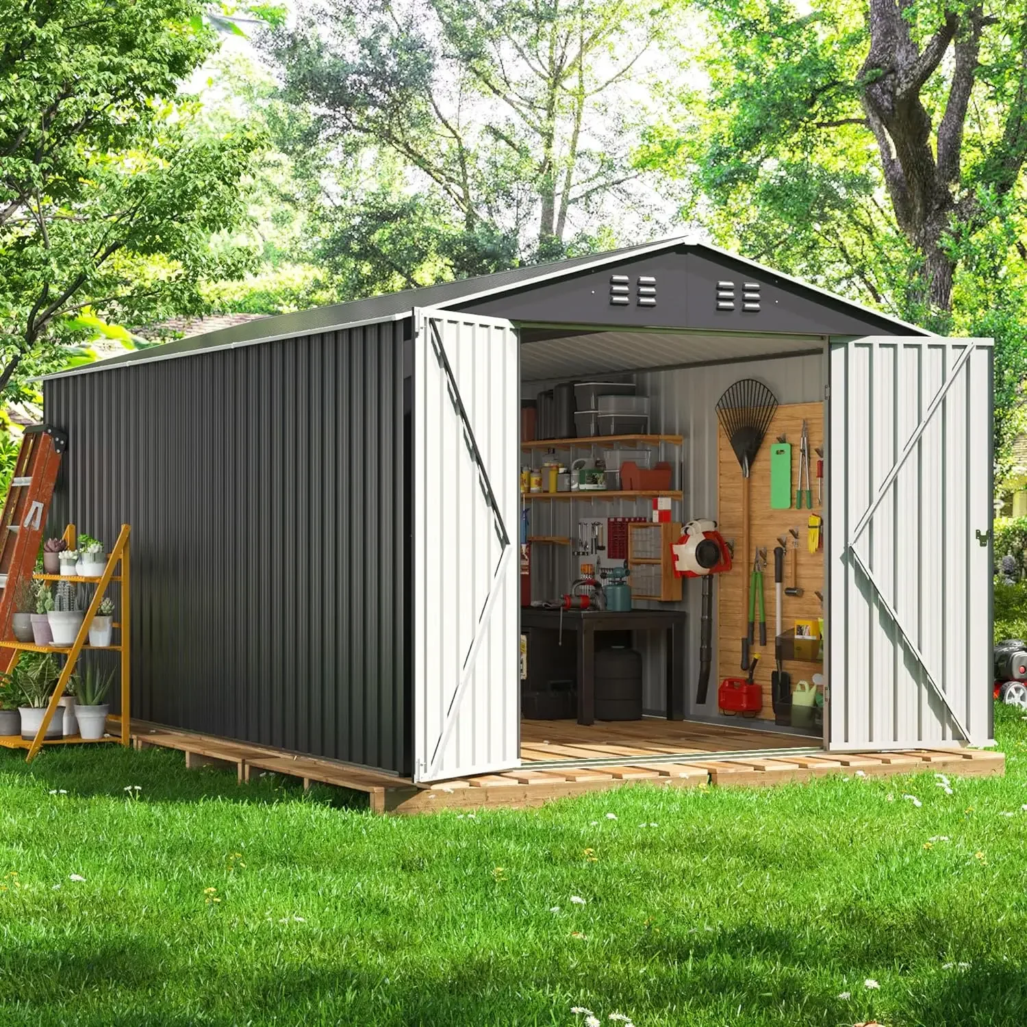 

8.2x12 FT Metal Outdoor Storage Shed, Large Shed with Updated Frame Structure, Garden Tool Sheds for Backyard Patio Lawn(Grey)