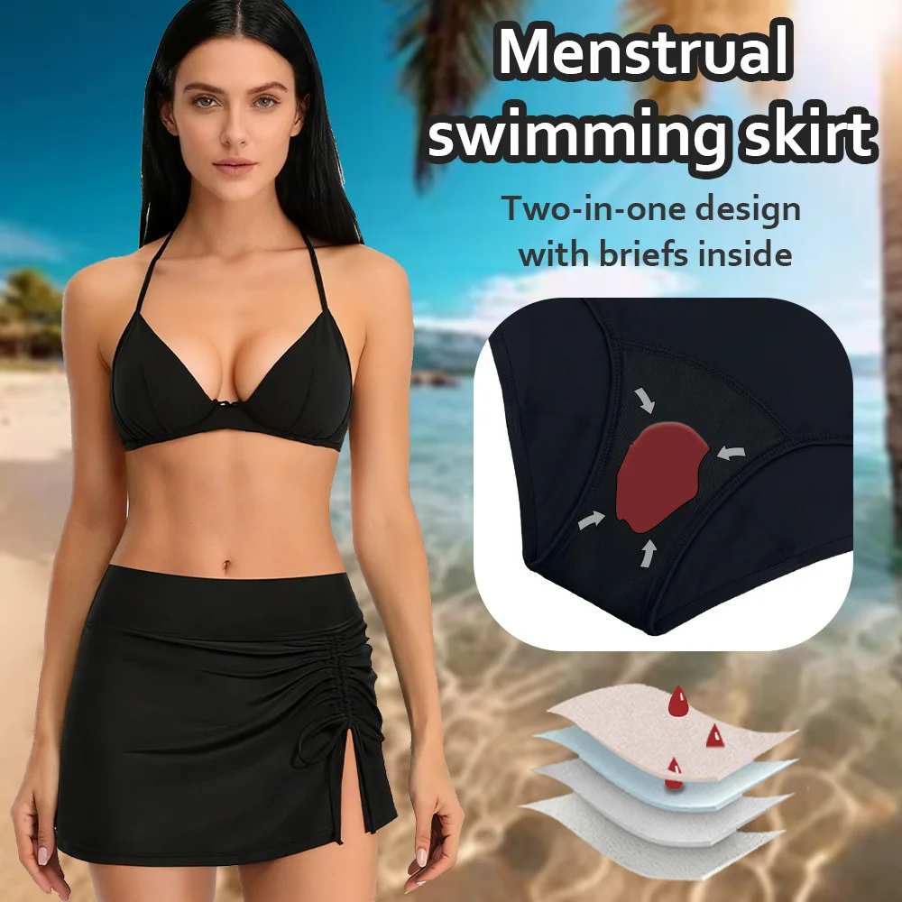 Womens 4-Layer Leakproof Period Swim Skirt Drawstring Side Split Tummy Control High Waist Anti-Exposure Black Menstrual Swimwear