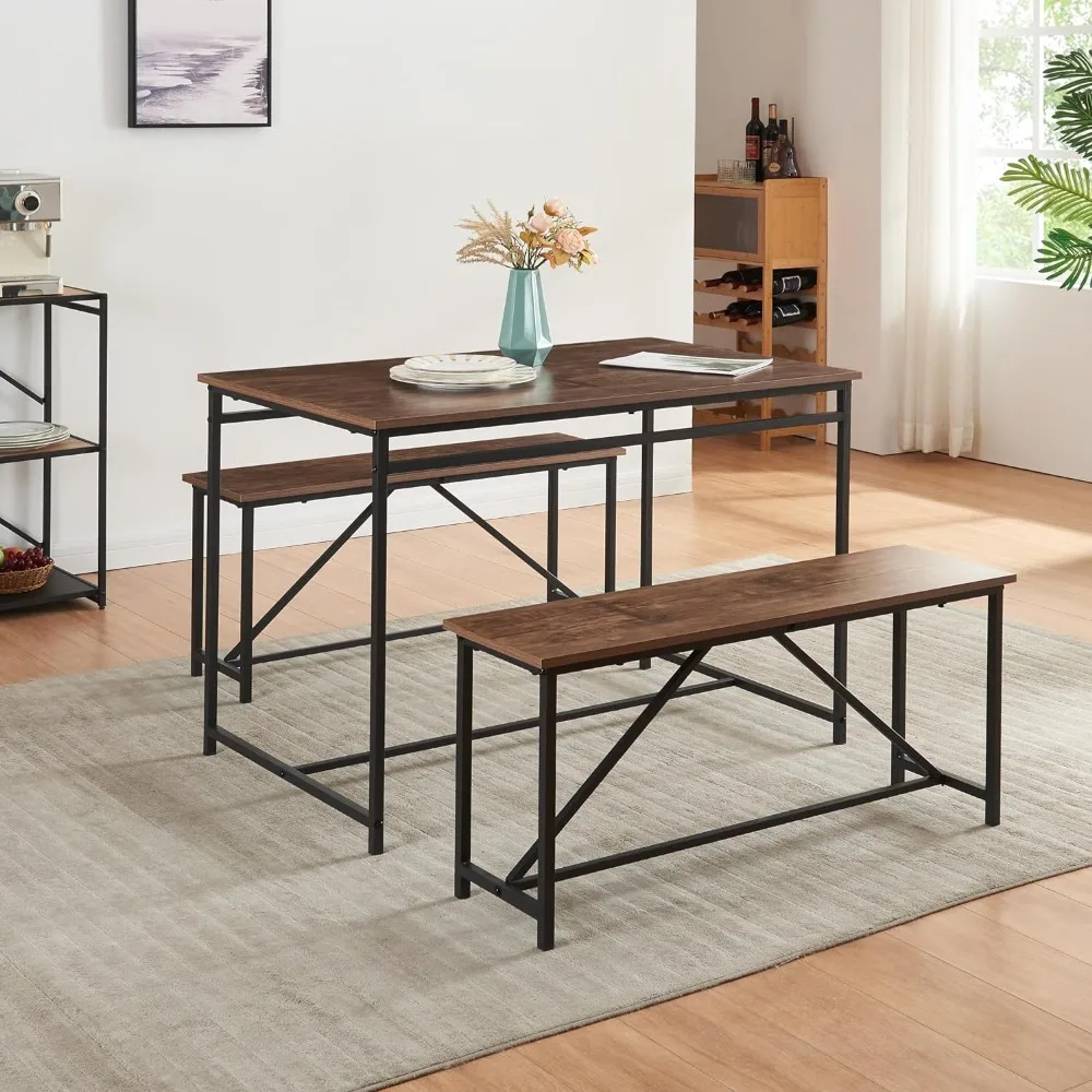 

3 Piece Dining Room Table Set, 43" Kitchen Table, Breakfast Table with Two Benches, with Sewn Cut-Out Finish Metal Frame