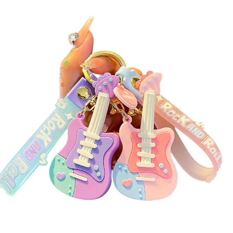 Niedlicher Cartoon-Gitarren-Schlüsselanhänger aus Silikon mit Handschlaufe, Pastell-Design für Taschendekoration, Geschenk für Musikliebhaber – Detail 7