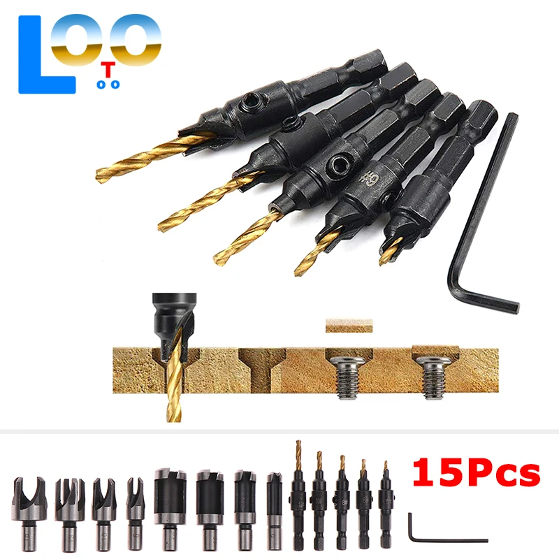 15 قطعة مقبض دائري برميل/مخلب نوع سدادة خشبية الحفر ، مثقاب غاطسة ، فتاحة ثقب النجارة التوسيع مثقاب الخشب إزالة والقطع