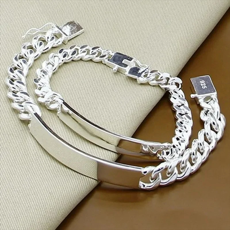 

925 Sterling Silver 2pcs Bracelet 10mm Smooth Sideways Chain For Men Women Wedding Engagement Party Jewelry