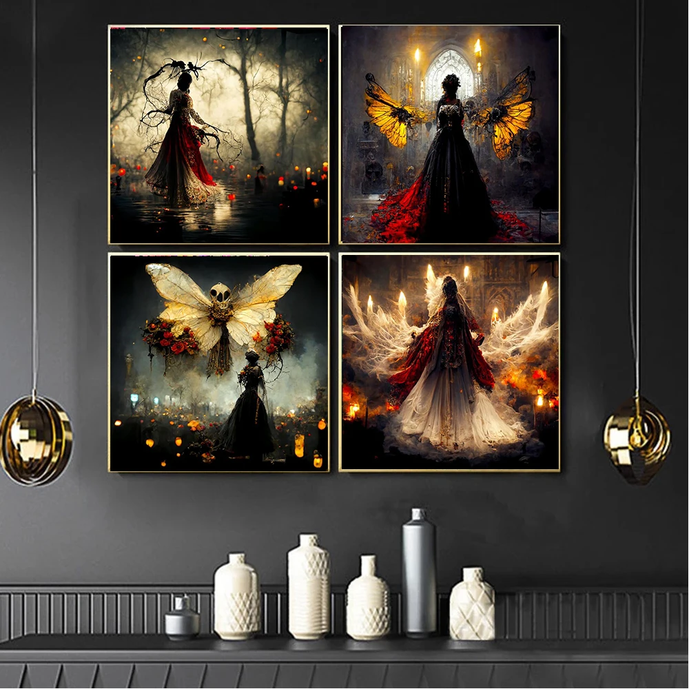 

Gothic Style Angel Dark Abstract Wall Poster Home Decor Picture Floral Wings Candle Canvas Painting For Living Room Bedroom Gift