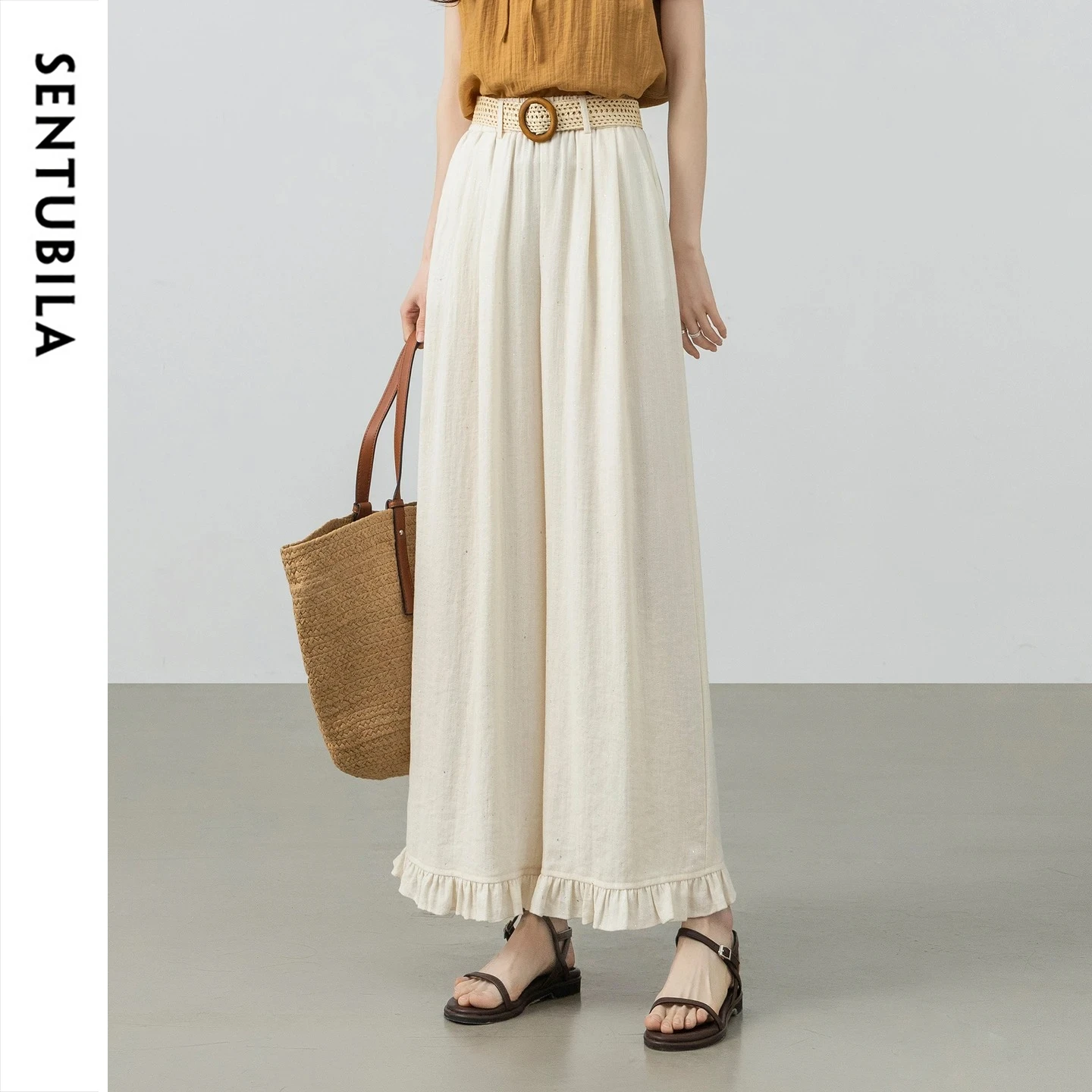 SENTUBILA Damen-Freizeithose, modisch, Farbkontrast, abnehmbarer Gürtel, Rüschensaum, Sommer, lockere, plissierte Hose mit weitem Bein, 162KD7099