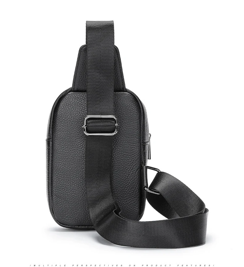 Bolso de pecho de cuero genuino para hombre, informal de un solo hombro bandolera, color negro