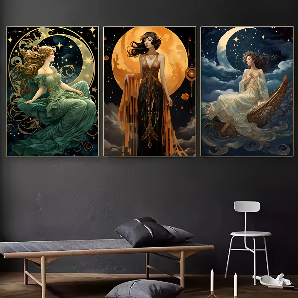 （NoFrame 3PCS）-3-Piece Set, Art Nouveau Celestial Moon Goddess Canvas Prints, Unframed Modern Wall Art, Horizontal Poster for