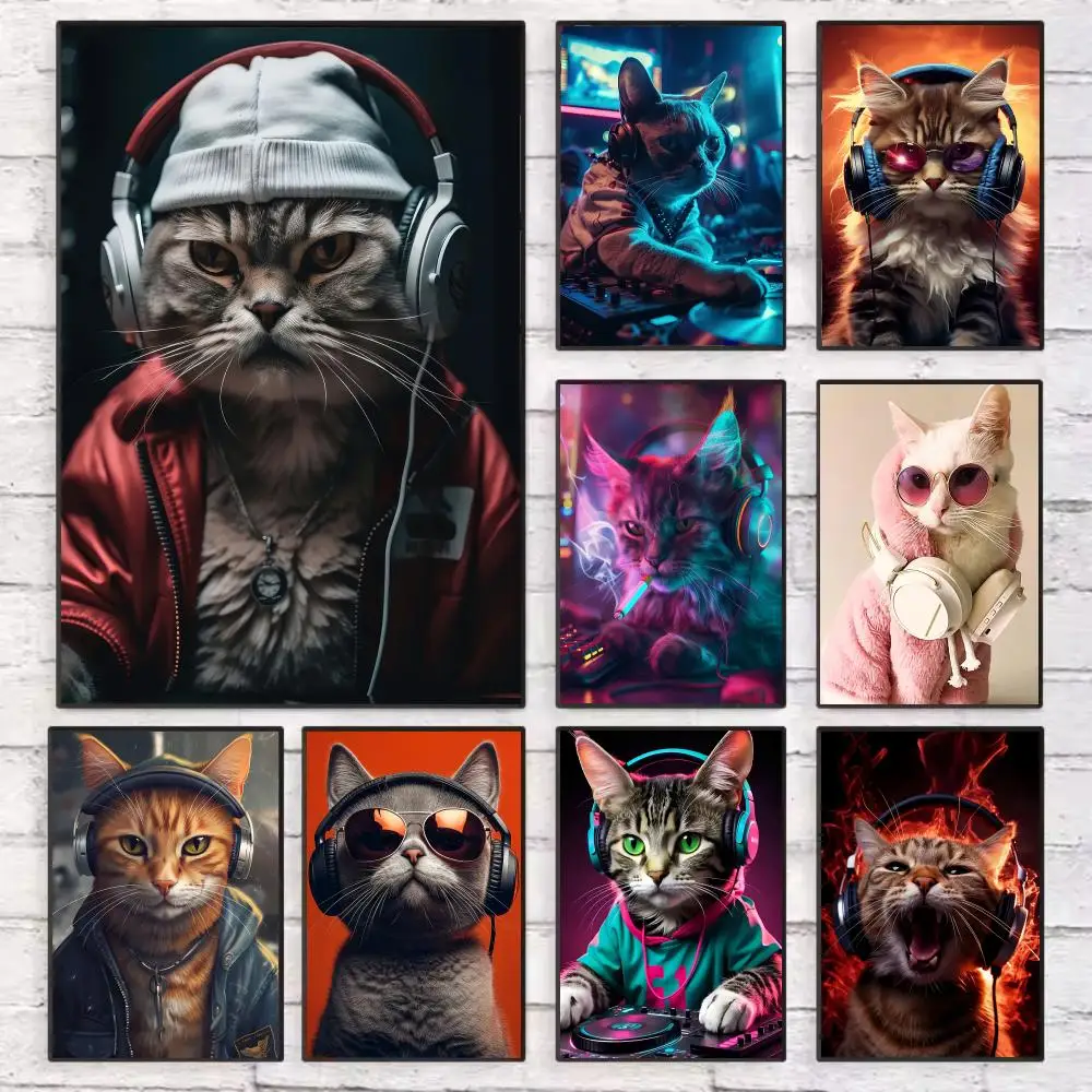 Современный постер кота, слушающего музыку, для декора