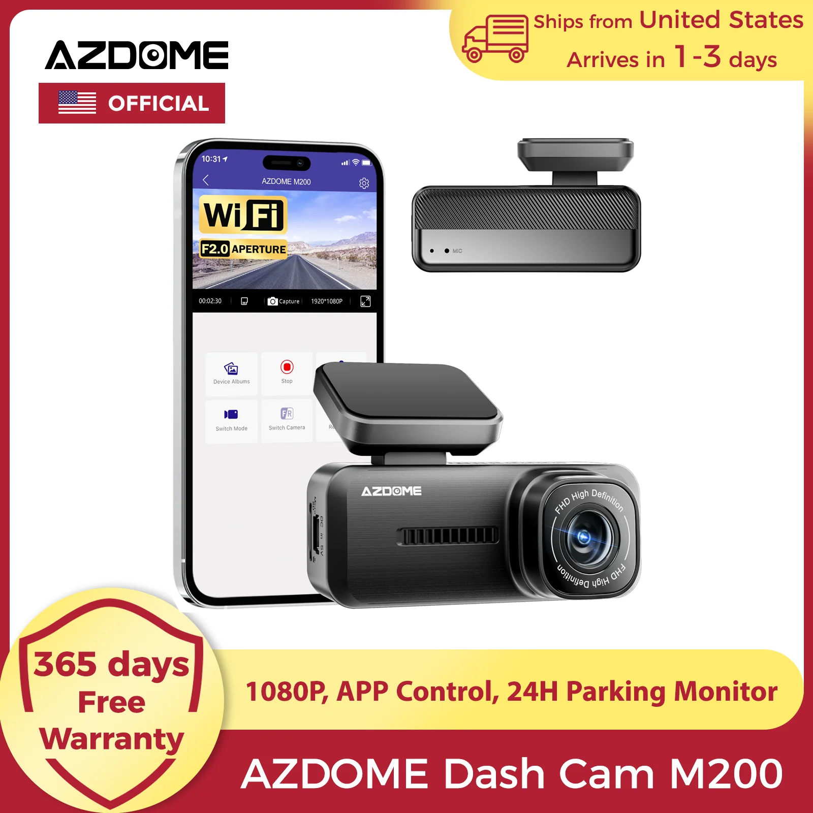 

【Склады США】Видеорегистратор AZDOME M200 1080P со встроенным Wi-Fi, управлением через приложение, фронтальная камера для автомобиля, угол обзора 150°, F2.0, запись 24/7, режим парковки