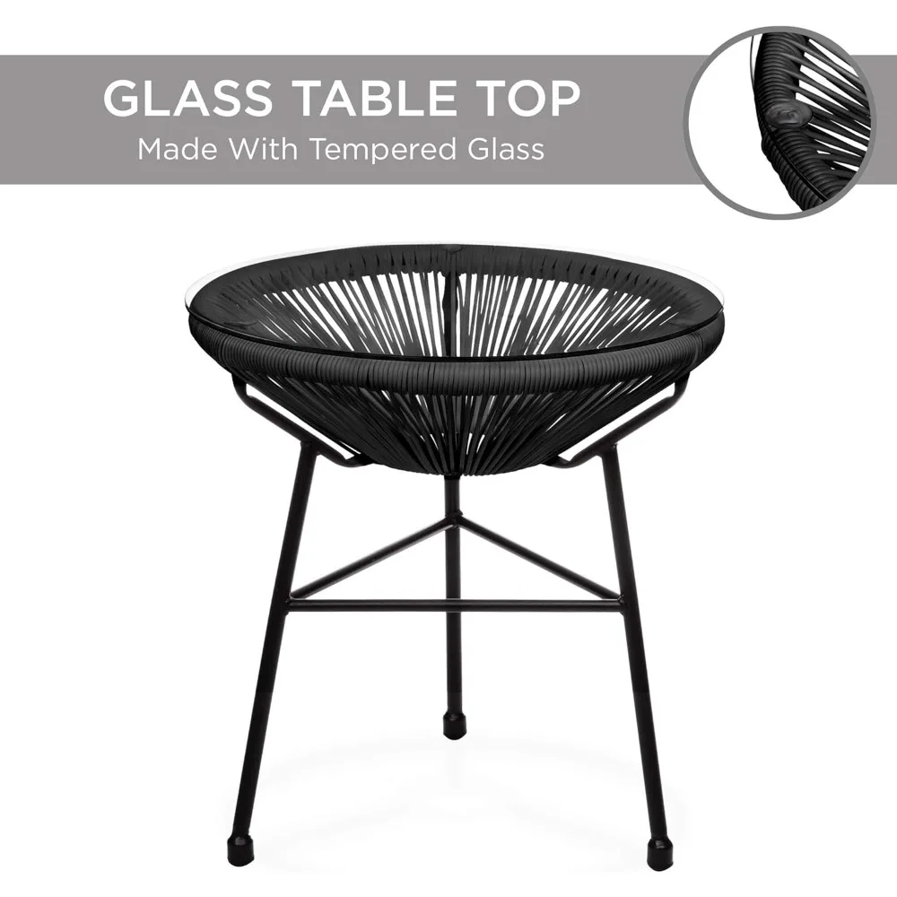 Juego de bistró de conversación de patio para todo clima Acapulco al aire libre de 3 piezas con cuerda de plástico, mesa superior de vidrio y 2 sillas