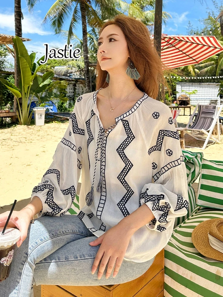 Jastie Retro Loose Embroidered Shirt Top New Heavy Industry Lace Lantern Sleeve Long Sleeve Bohemian Tassel Shirt Blouse 2024