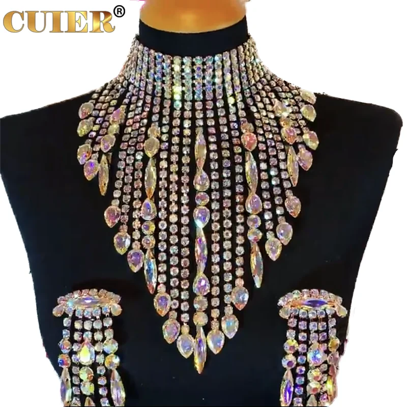 

CUIER SS28 5mm Rhinestone AB Glass Gemstone Necklace Earring Set Jewelry Long Tassel Big Choker Drag Queen Fashion Show