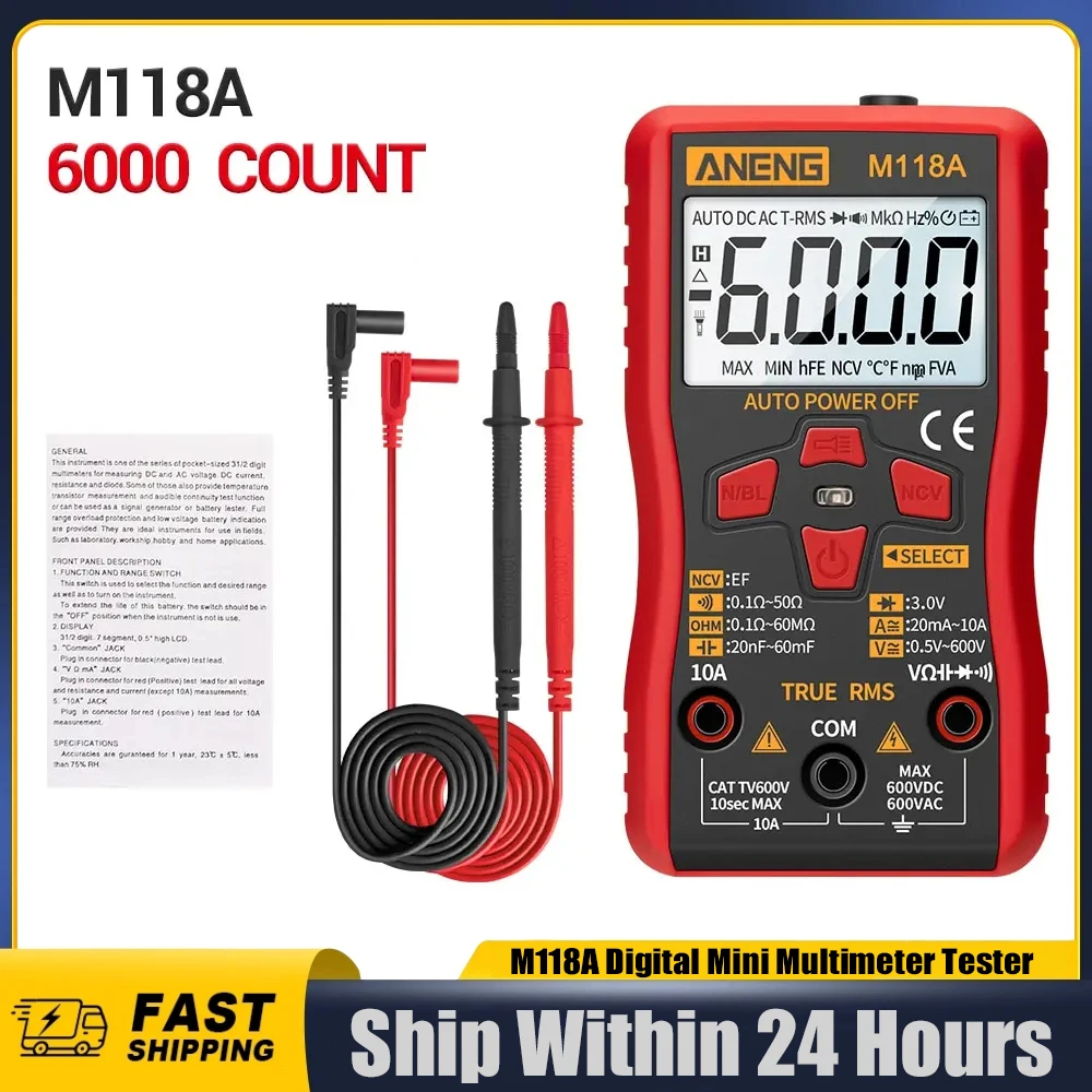 ANENG M118A Digital Mini Multimeter Tester with NCV Data Hold 6000counts Auto Mmultimetro True Rms Tranistor Meter