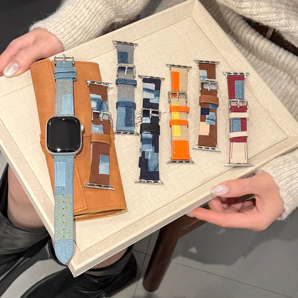 

Patchwork Denim PU Leather Bracelet For Apple Watch Band S11/10/9/8/7/6/5/Ultra iWatch Strap 49/46/45/44/42/41/40/38mm Casual