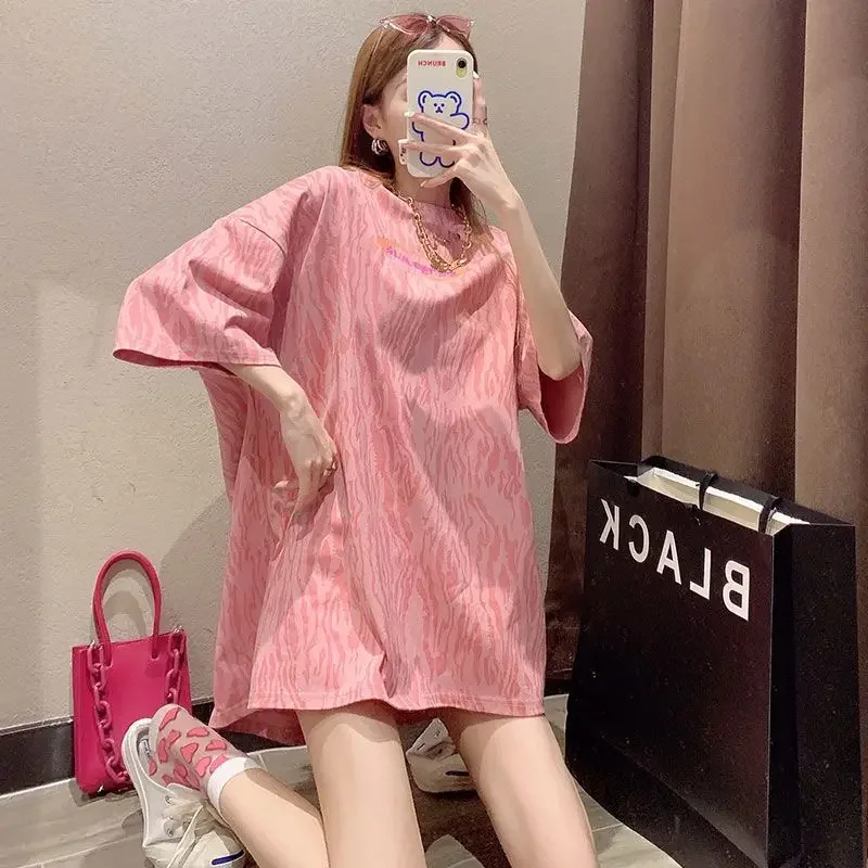 Women's T-shirt Baggy Top Female Pink Long Striped Korean Streetwear Y2k Clothes Basic Fashion Korea Popular Woman Clothing Yk2