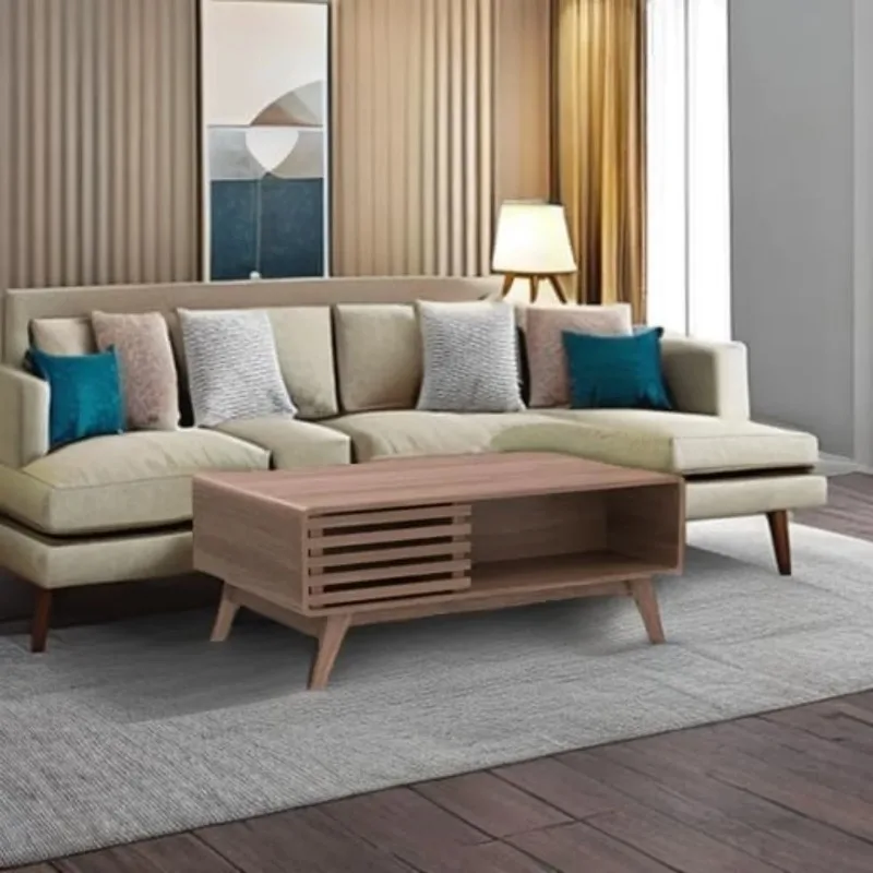 Stolik kawowy z dwustronnym schowkiem – Stolik z radełkowanego drewna w stylu mid-century modern z 4 przegródkami do salonu