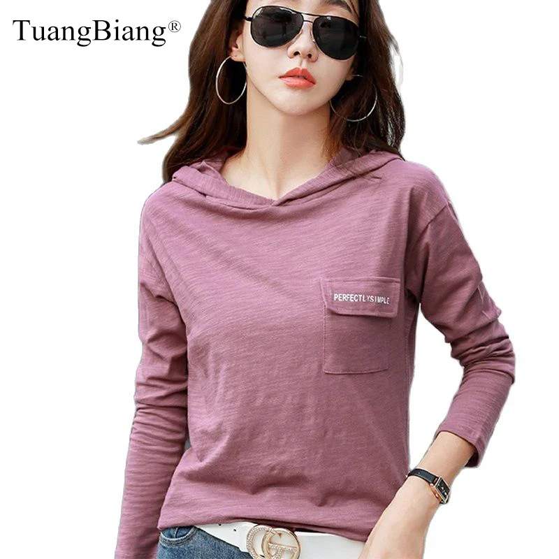 

TuangBiang Hooded Letter Pockets Women Bamboo Cotton T-Shirt Loose Split Hem Cozy Tshirt 2023 Long Sleeve Spring Plus Size Tops