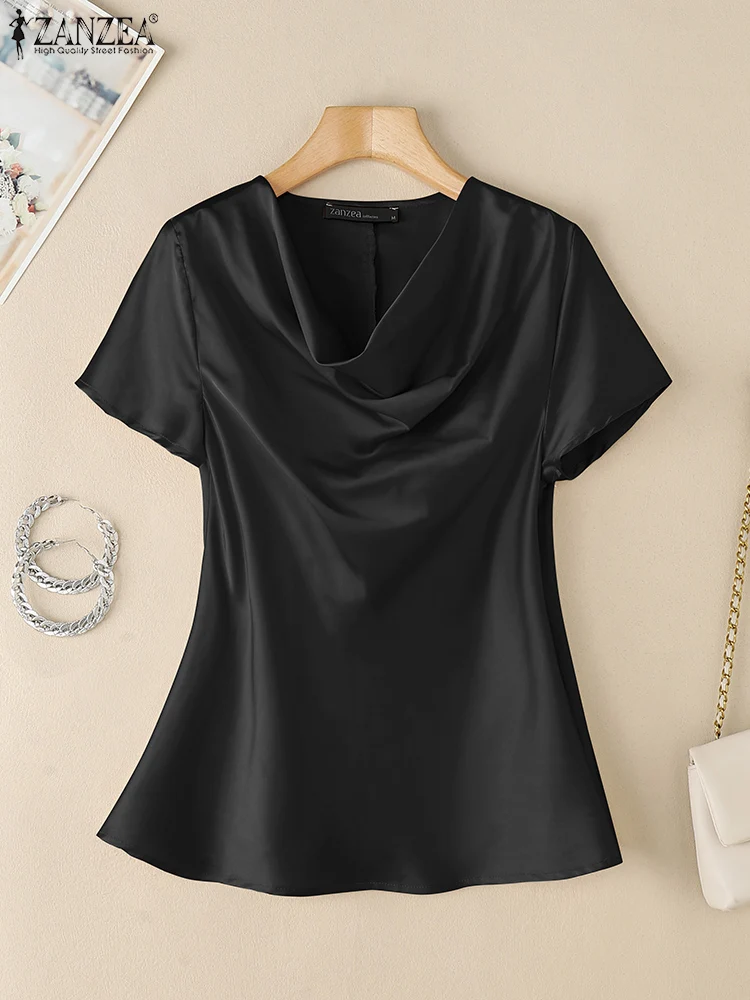ZANZEA décontracté Satin hauts de fête femme col bénitier 2025 mode Style coréen Blouses élégant à manches courtes couleur unie Blusas Mujer