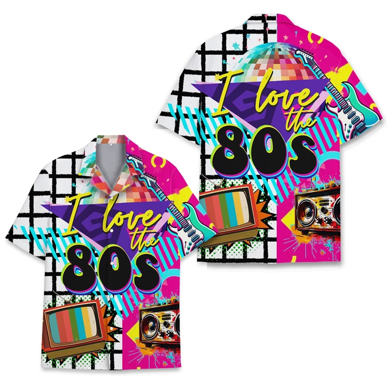 Retro Men's Shirt, Summer Everyday Shirt, Hawaiian Style Back to the 80s 3D Print Lettering Casual Loose-fitting Shirt Beach Top