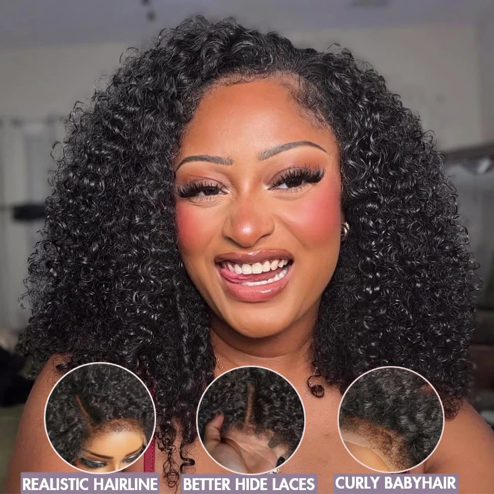 Hot Sale 4C Kinky Edges Wig 180% Brazilian Bob Curly Lace Frontal Human Hair Wigs Middle Part 4x4 Short Bob Wig Natural Hairline