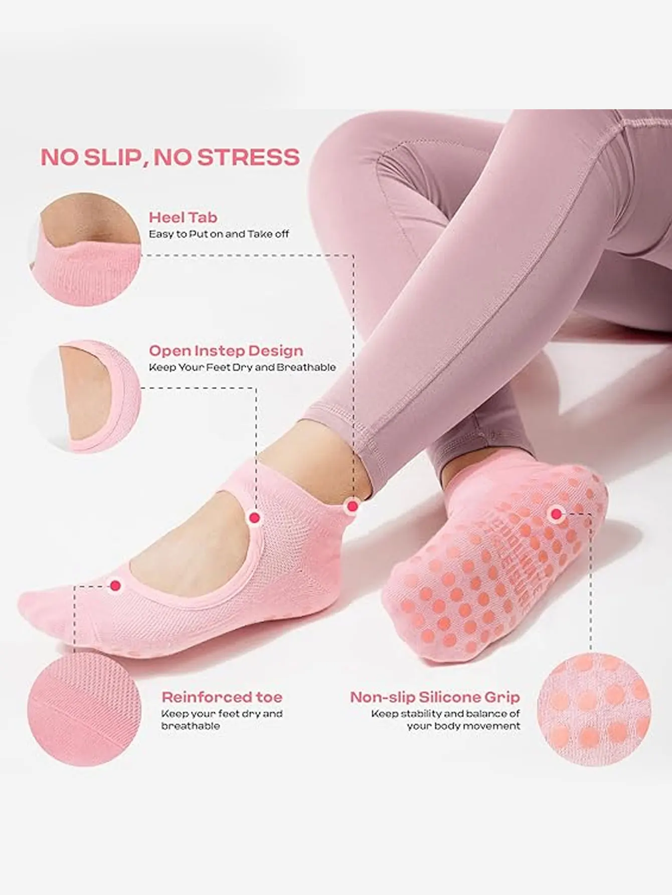 6 pairs of women's yoga socks, non-slip, professional Pilates socks for adults, suitable for indoor sports, dance, and beginners' fitness