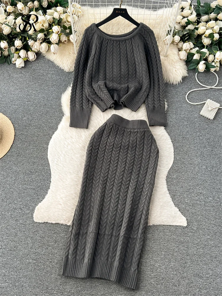 Autumn Knitted Sets Twist Drill Shape Full Sleeve Pullover+Elastic Waist Slim Bodycon Skirt Women Sweater Warm Suits Z531