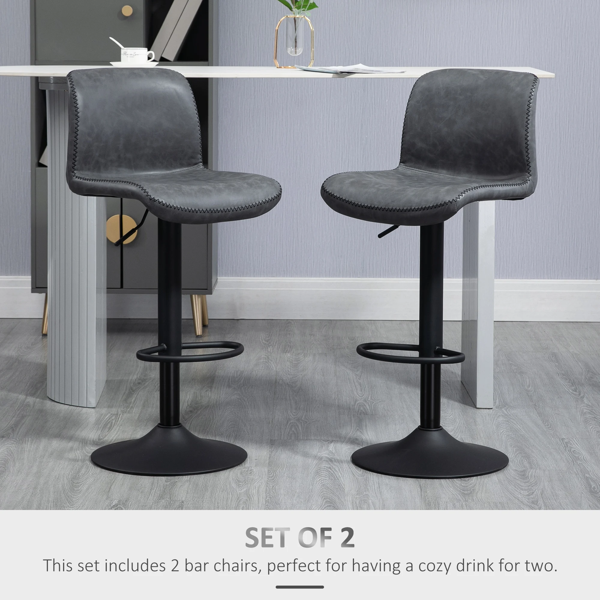 HOMCOM Retro Barstools Set of 2 PU Leather Adjustable Height Swivel Bar Chairs