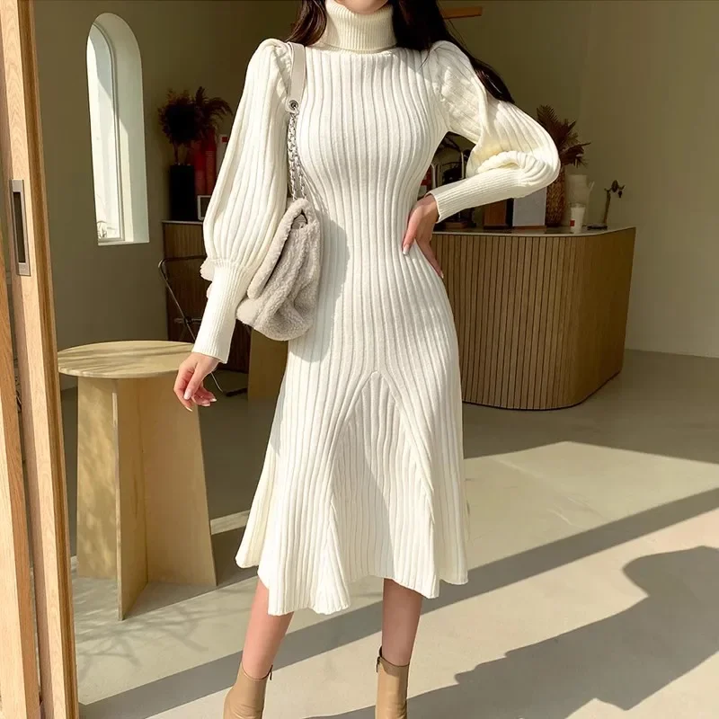 

White Thicken Trumpet Knitted Dress Women Korean Winter Turtleneck Elegant Long Knitwear Ladies Lantern Sleeve Chic Wool Vestido