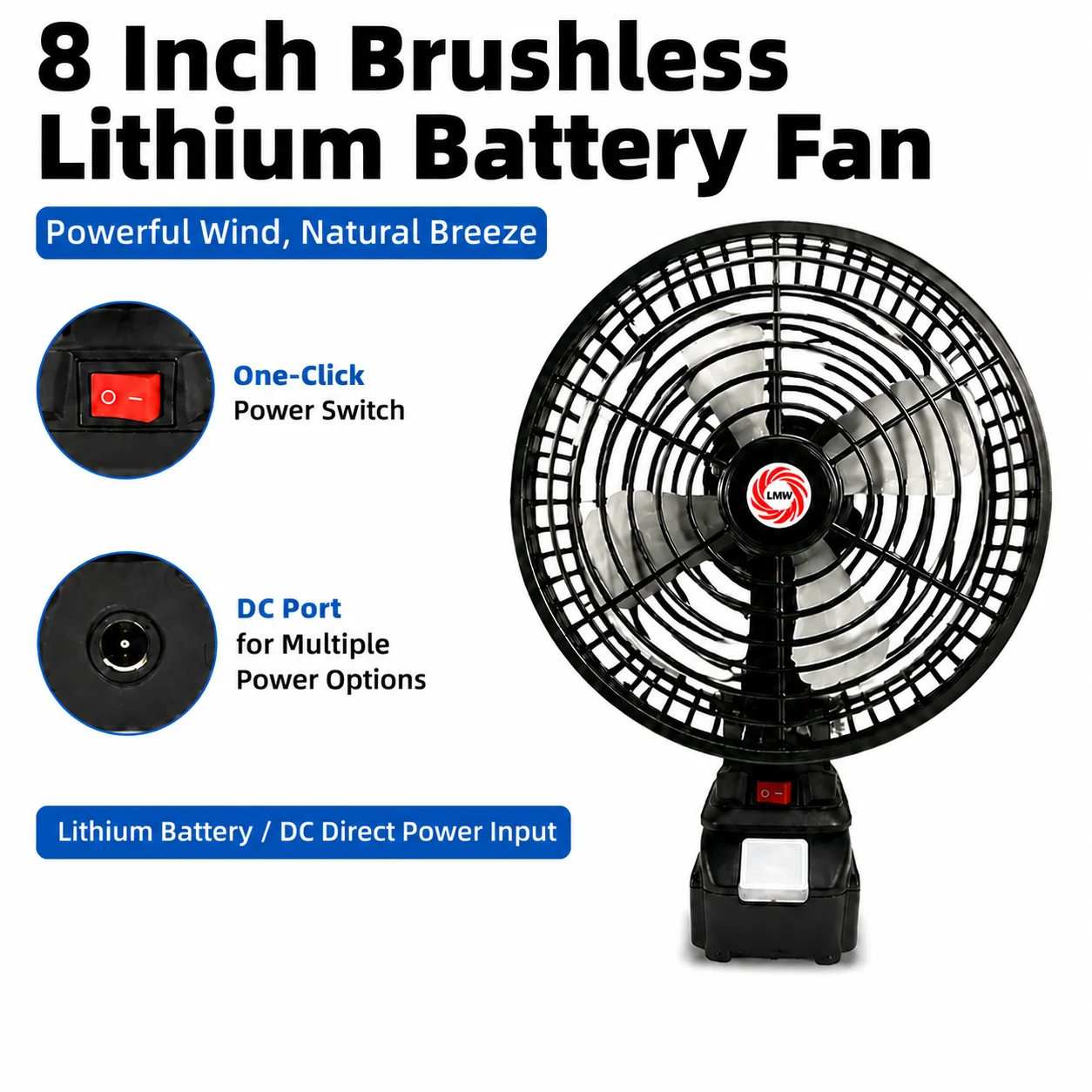 8-inch lithium battery portable brushless fan with DC port, for outdoor camping, fishing, and construction sites
