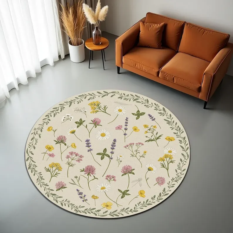 Round Botanical Floral Rug – Soft Pastel Wildflower Print, Boho Nature-Inspired Carpet for Living Room & Bedroom Decor