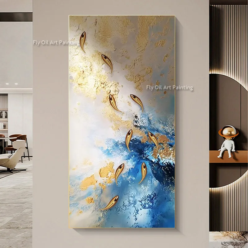 Hand Drawn Light Blue And White Yellow Abstract Fishes Thick Oil Painting Simple Design Gold Foil Fish Canvas Wall Art Decor
