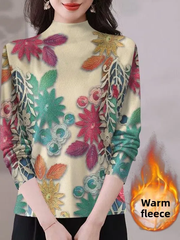 

Warm Thermal Long Sleeve Printed Half High Neck Base Shirt Women's Mom Style Fashionable Large Size Polyester Fiber T-Shirt