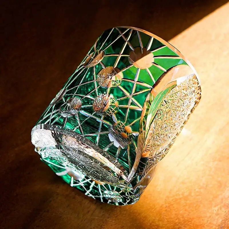 Star Shine Japan Edo Kiriko Wineglass Starlight Luxury Whiskey Glass Hand Grave Green Crystal Art Craft Liquor Wine Cup Gift Box
