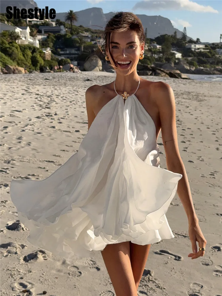 

Shestyle White Halter Beachwear Dress Women Summer Backless Chiffon A-Line Casual Loose Solid Vacation Clothes 2026 Elegant