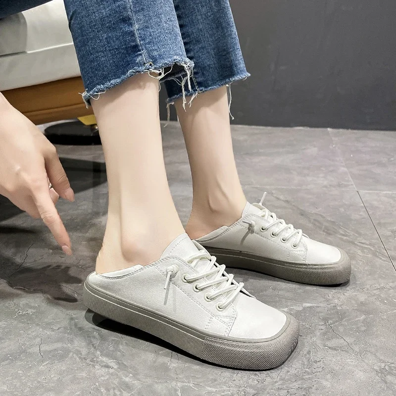 Single Shoes Women New Women\'s Shoes Summer Square Head Shallow Flat Women\'s Lace-up White Casual Shoes