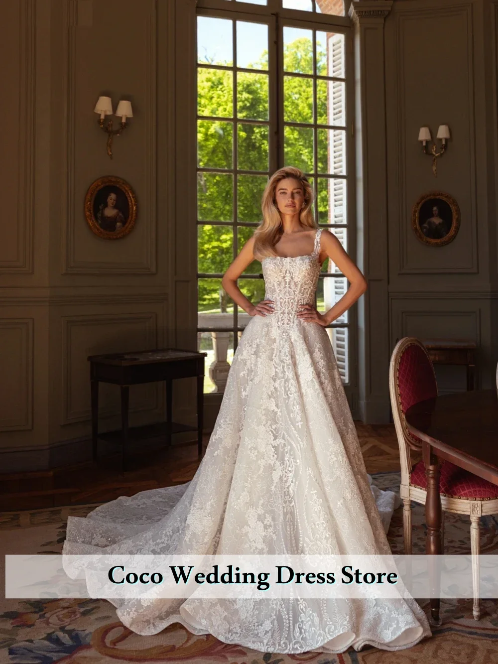 Customized Luxury Glitter Lace Appliques Wedding Dresses Square Neck Bridal Gown Charming A-line For Bride vestidos de novia