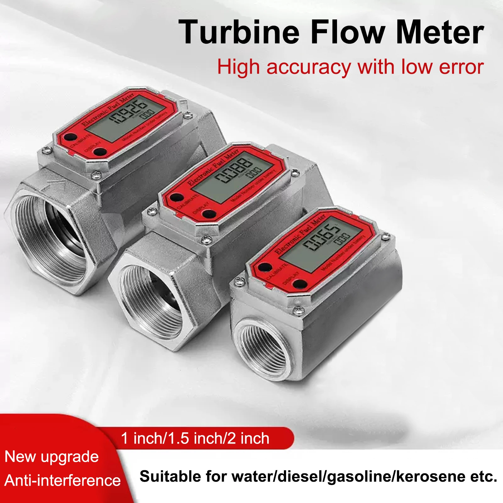 Turbine Flow Meter 1/1.5/2 inch Digital Display Electronic Flowmeter Liquid Water Meter for Diesel Kerosene Gasoline Methanol