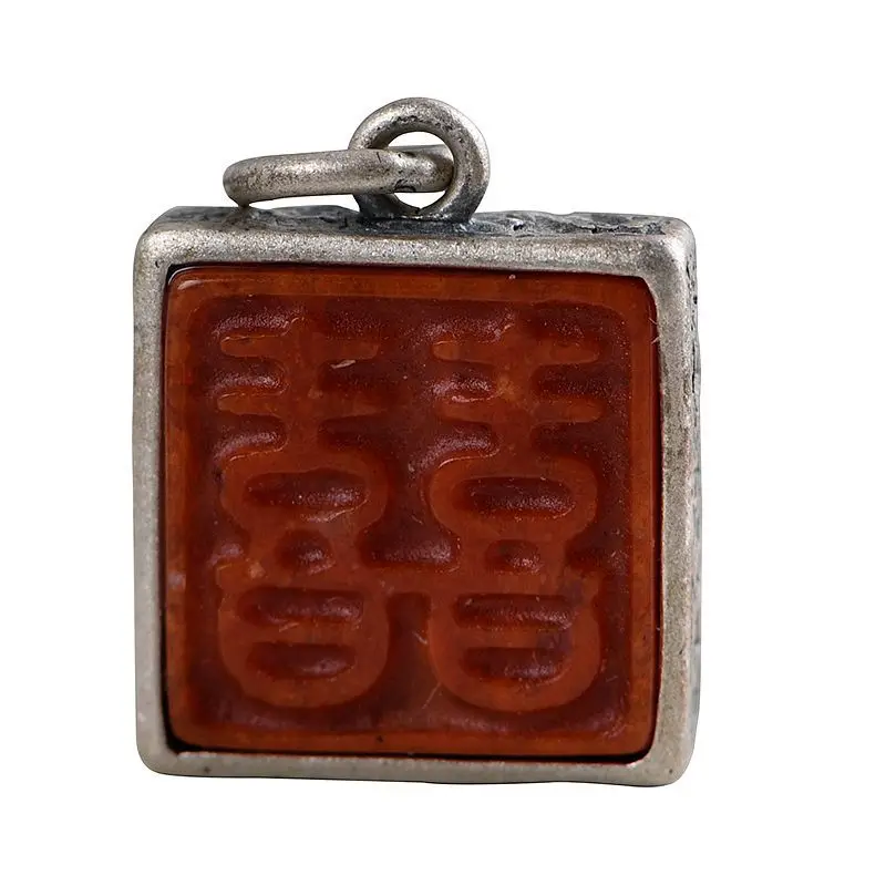 100% S925 Silver South Red Agate Joy Charm for Women's New Chinese Simple Double Happiness Carving Retro Style Silver Pendant