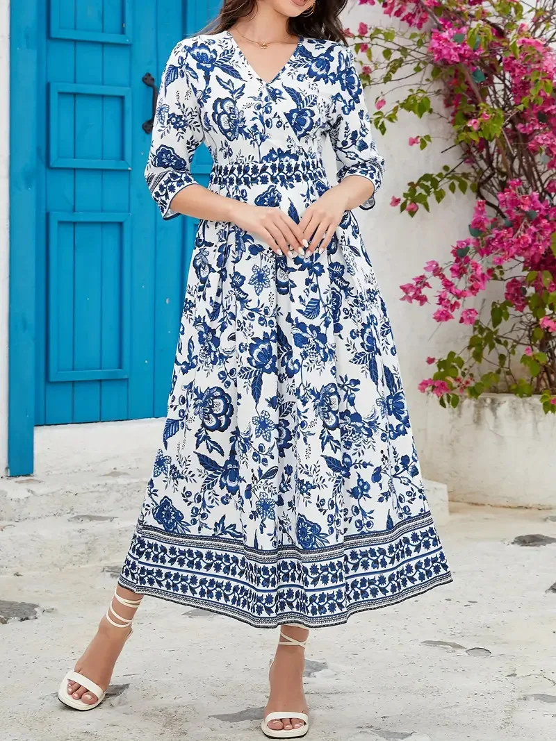 QX Shirt Dames 2025, V-hals, polyester, lange rok, Basic, elegante damesjurk in vakantiestijl