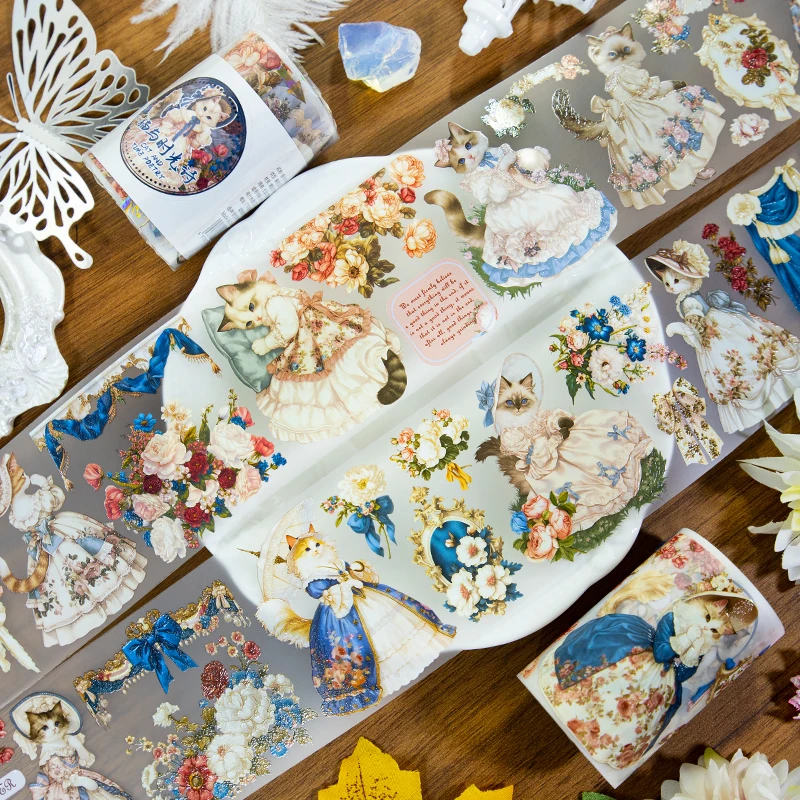 60mm*200cm Cat and Time Poetry Series Cute Cats Flower Landscape PET Tape Creative DIY Journal Material Collage Stationery