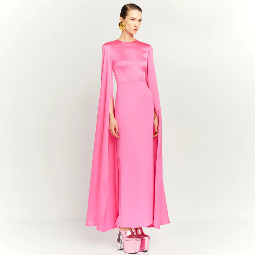 

Simple Dresses for Special Occasions Satin&Jersey Sheath/Column Prom Gown Pink O-Neck Cloak Sleeves Split Evening Dress Maxi