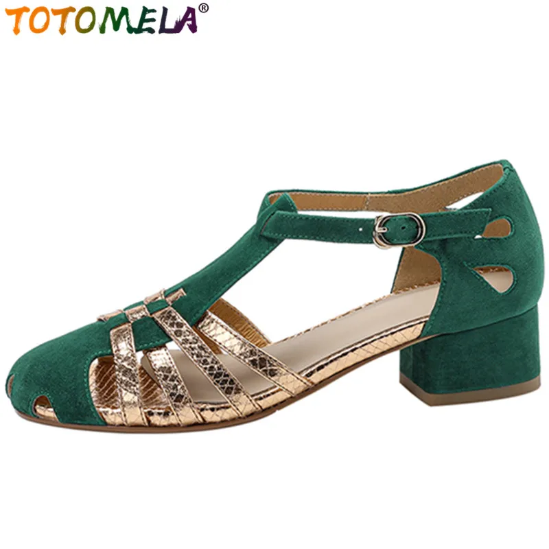 

TOTOMELA 2022 Size 33-43 New Mixed Colors Ladies Dress Sandals Buckle Kid Suede Sandals Woman Vintage Square Med Heels Shoes