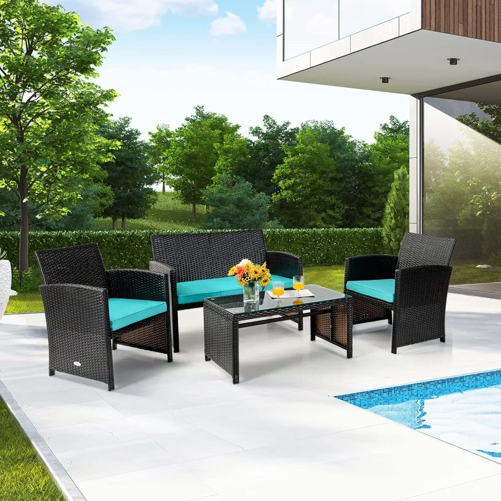 

4-piece courtyard furniture set, outdoor PE rattan sofa with cushion and coffee table