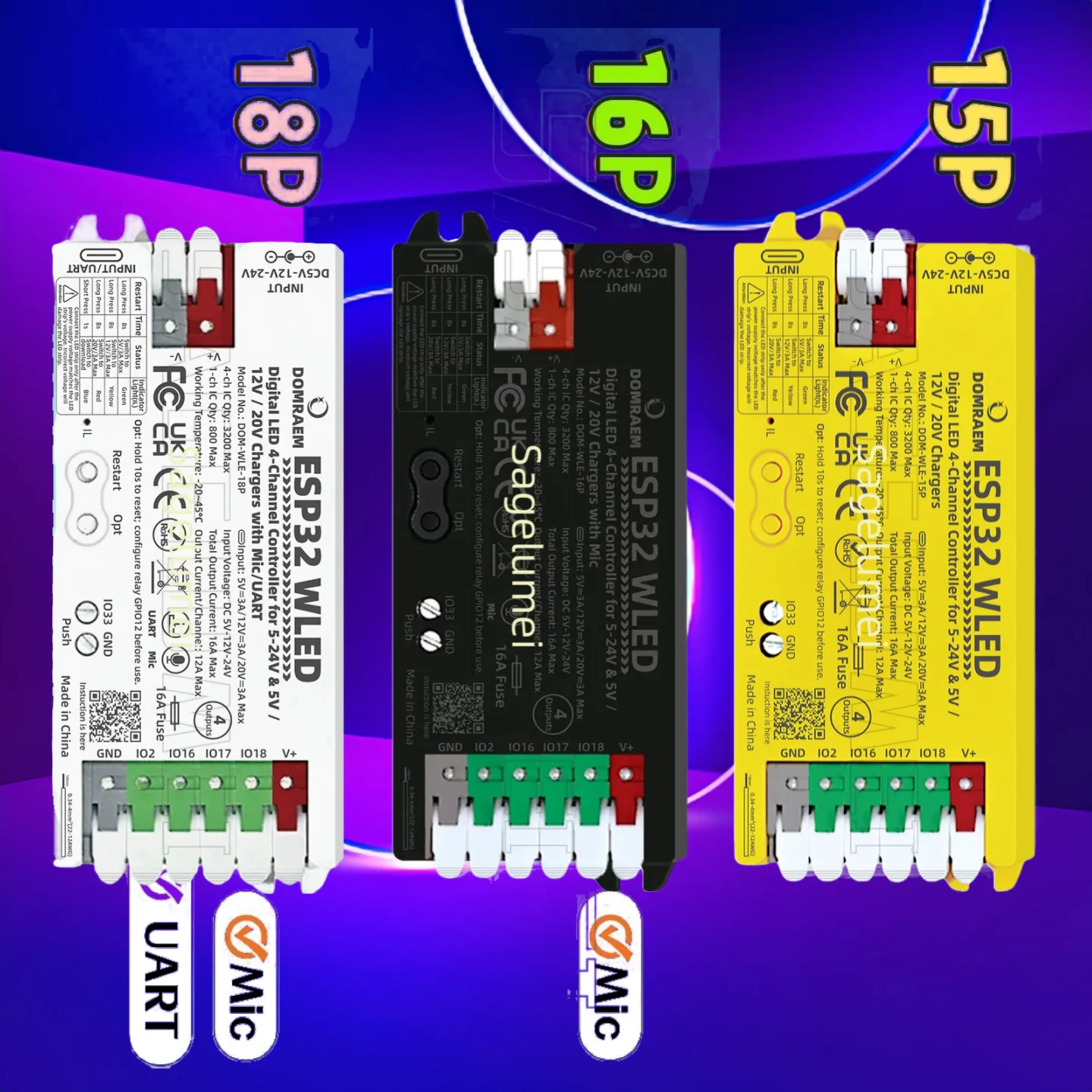 Dual PSU ESP32 WLED Digital LED Controller DOM-WLE-15P/16P/18P PD 5V/12V/20V with 4CH Outputs for WS2811/12B APA102 Pixel LEDs
