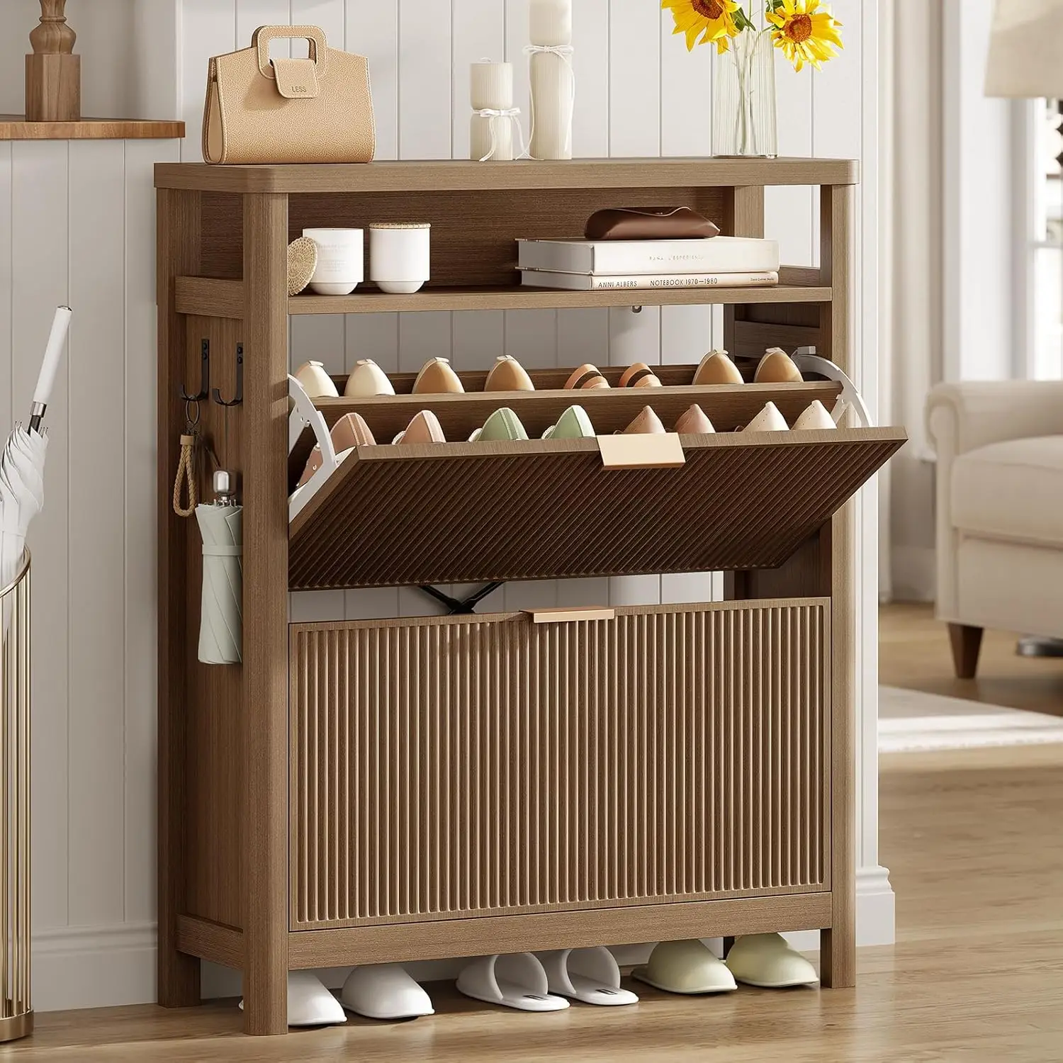 

Тумба для обуви, узкая рифленая обувница с 2 откидными ящиками, деревянный напольный органайзер с открытыми полками