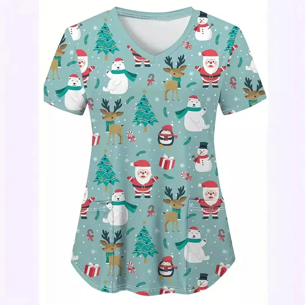 European and American women's nursing uniform V-neck short sleeved Christmas Santa Claus reindeer 3D printed nursing uniform