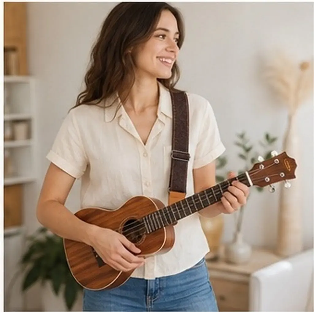 Adjustable Cotton-Linen Guitar Strap for Ukulele, Acoustic Guitar – Brown, Comfortable Shoulder Support