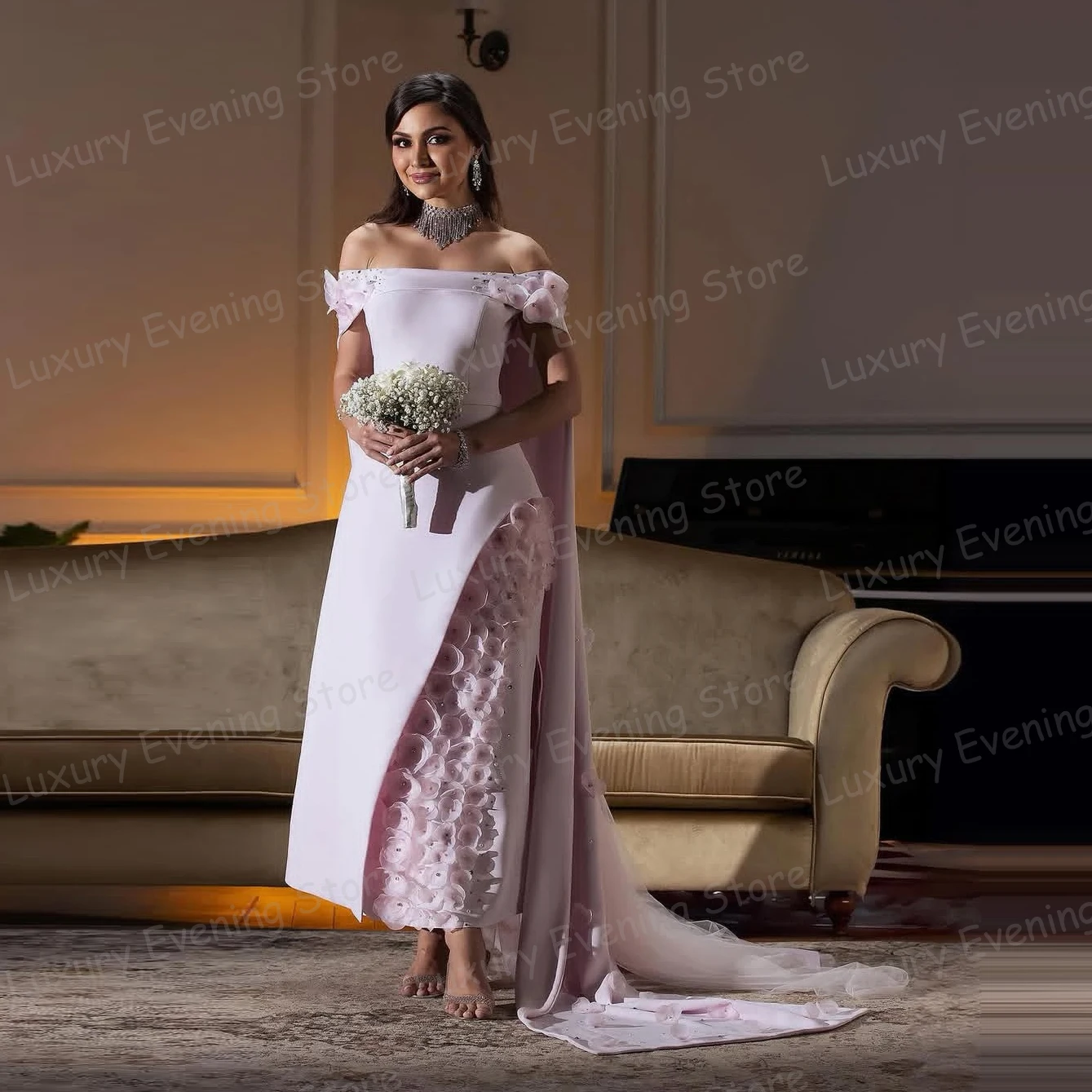 

Luxury Flowers Evening Dresses Sleeveless Woman Sexy Ruffles A Line Prom Gowns Tea-Length Fashion Vestidos De Novia Customized